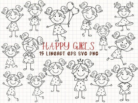 Download Happy Girls Line Art Stick Figure Girl - Girl Collection